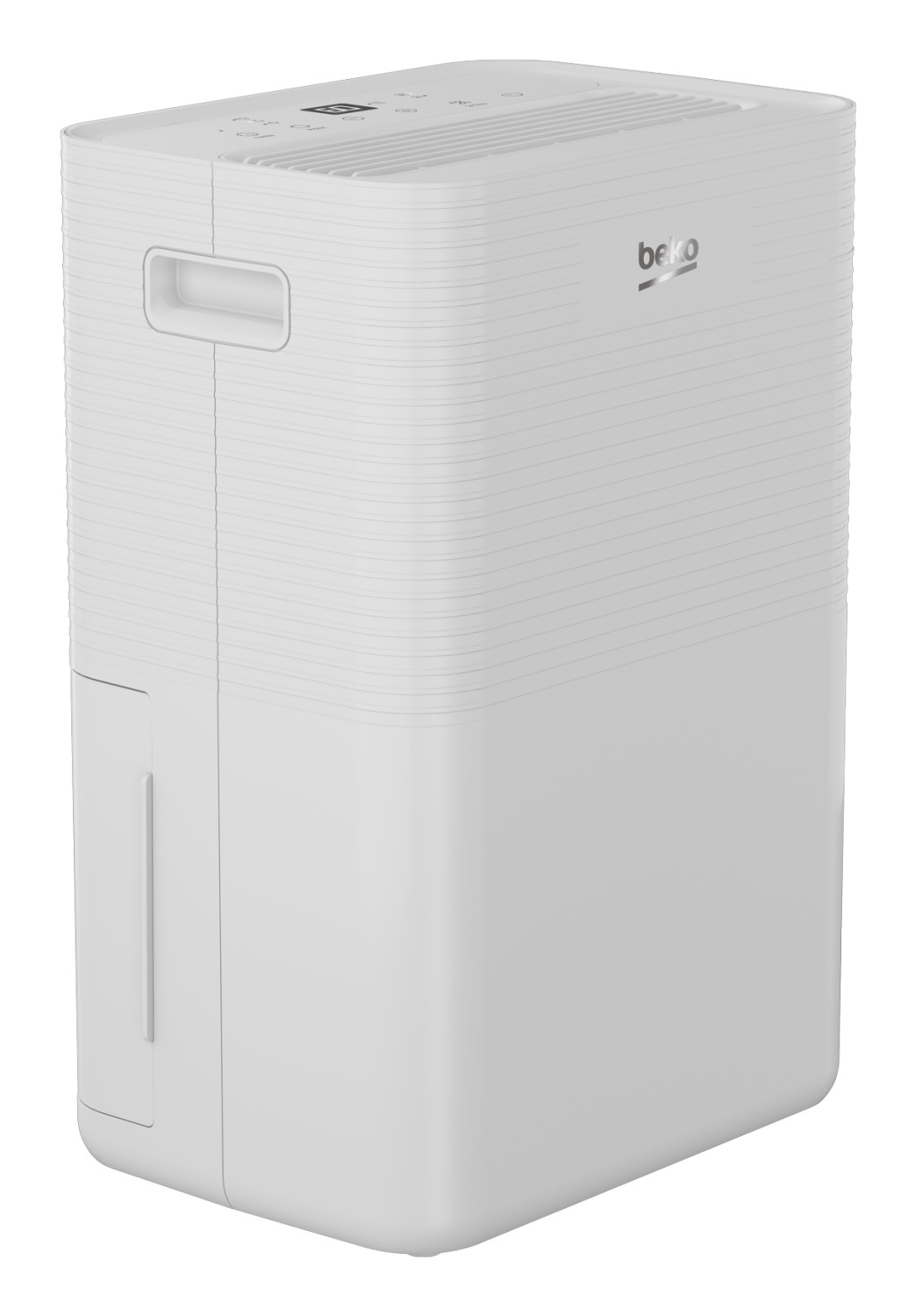 Un deumidificatore Beko bianco con maniglia e pannello di controllo.