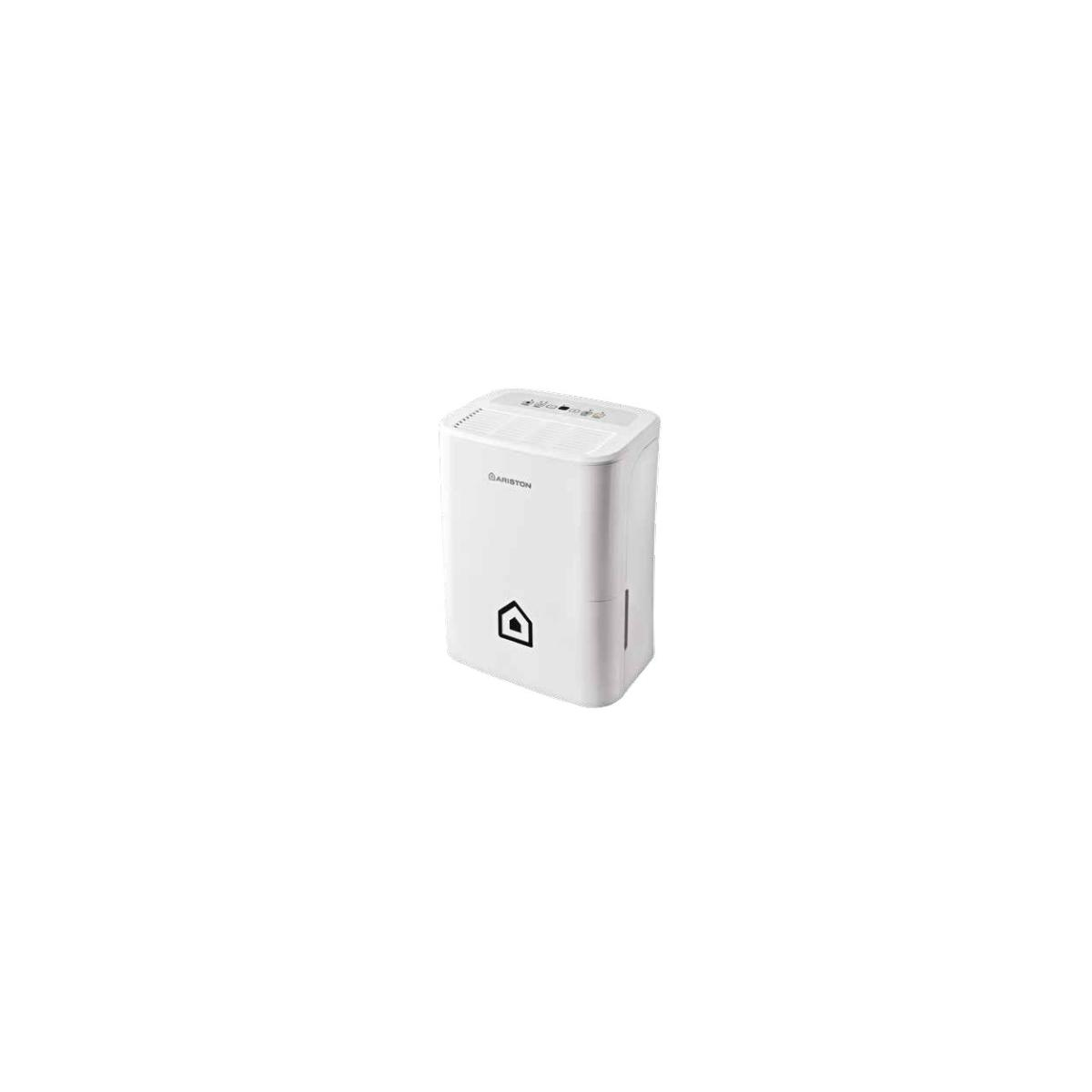 Een witte luchtontvochtiger met een huisicoon en Ariston logo.