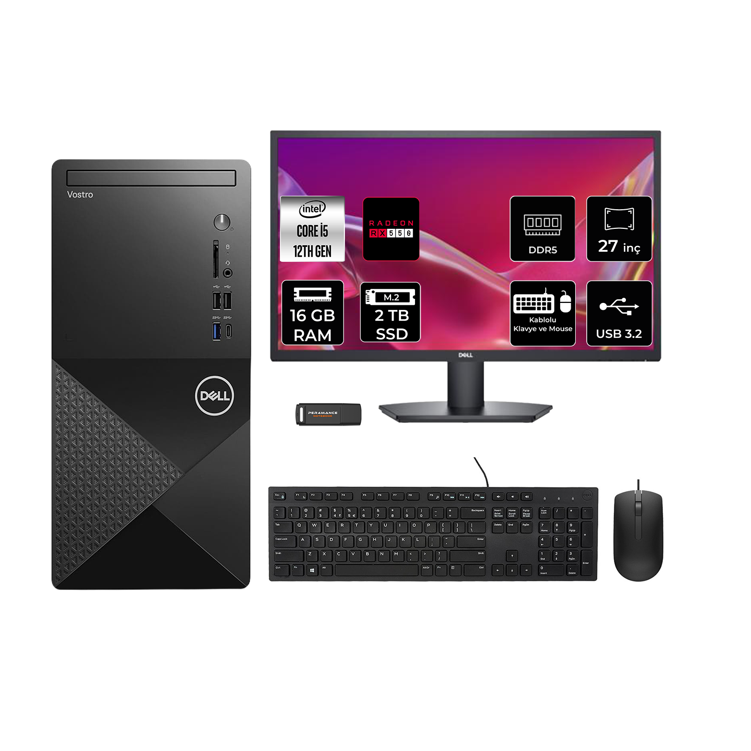 Dell Vostro PC, Intel Core i5, 16GB RAM, 2TB SSD, 27 inç monitör, klavye ve fare.