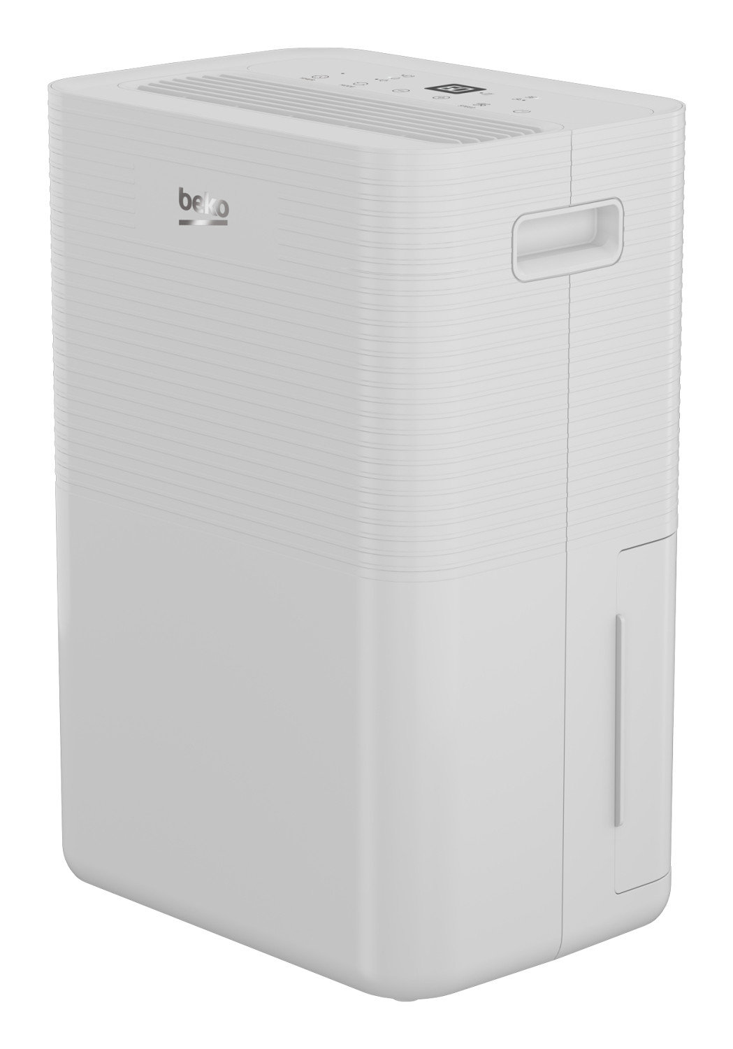 Un deumidificatore Beko bianco con maniglia e serbatoio dell'acqua.
