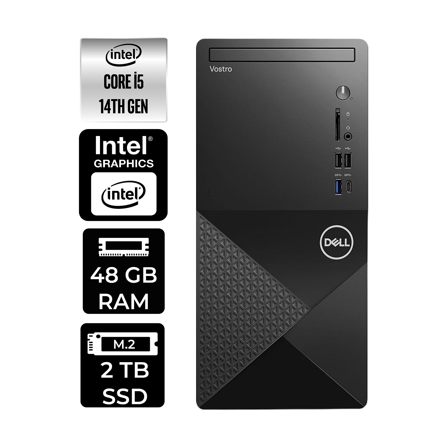 Intel Core i5, 48 GB RAM, 2 TB SSD'ye sahip siyah Dell Vostro PC.
