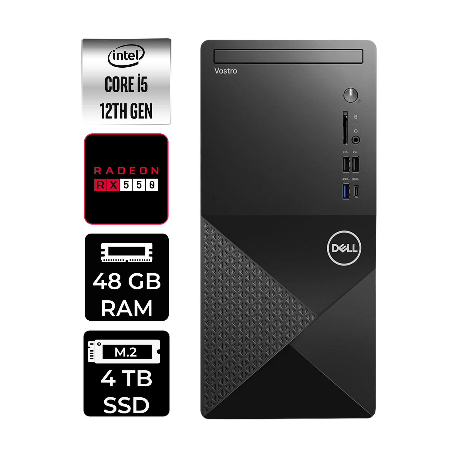 Intel Core i5, Radeon RX 550, 48 GB RAM, 4 TB SSD'li siyah Dell Vostro PC.