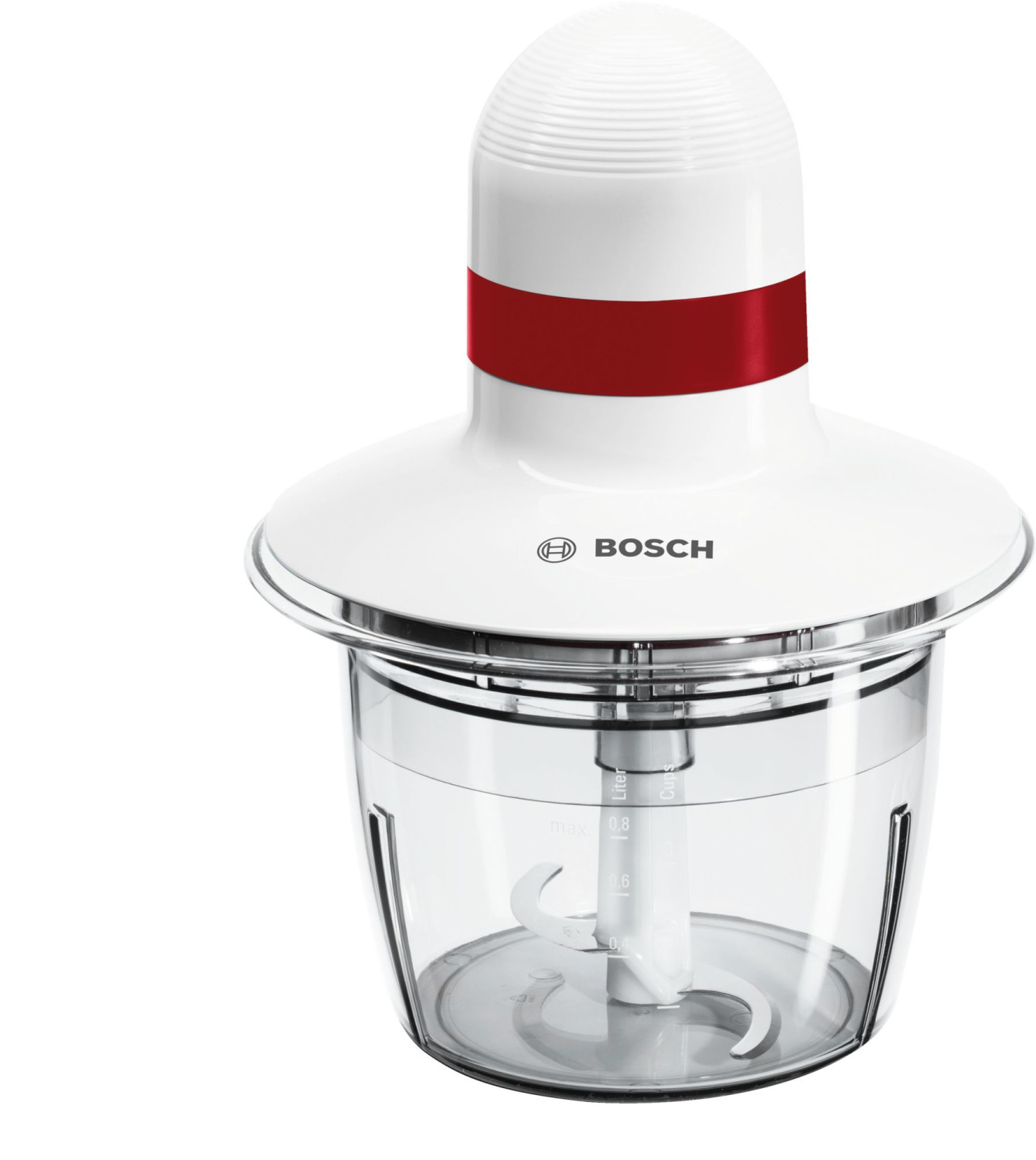 Biały chopper Bosch z czerwonym pasem i przezroczystym pojemnikiem.