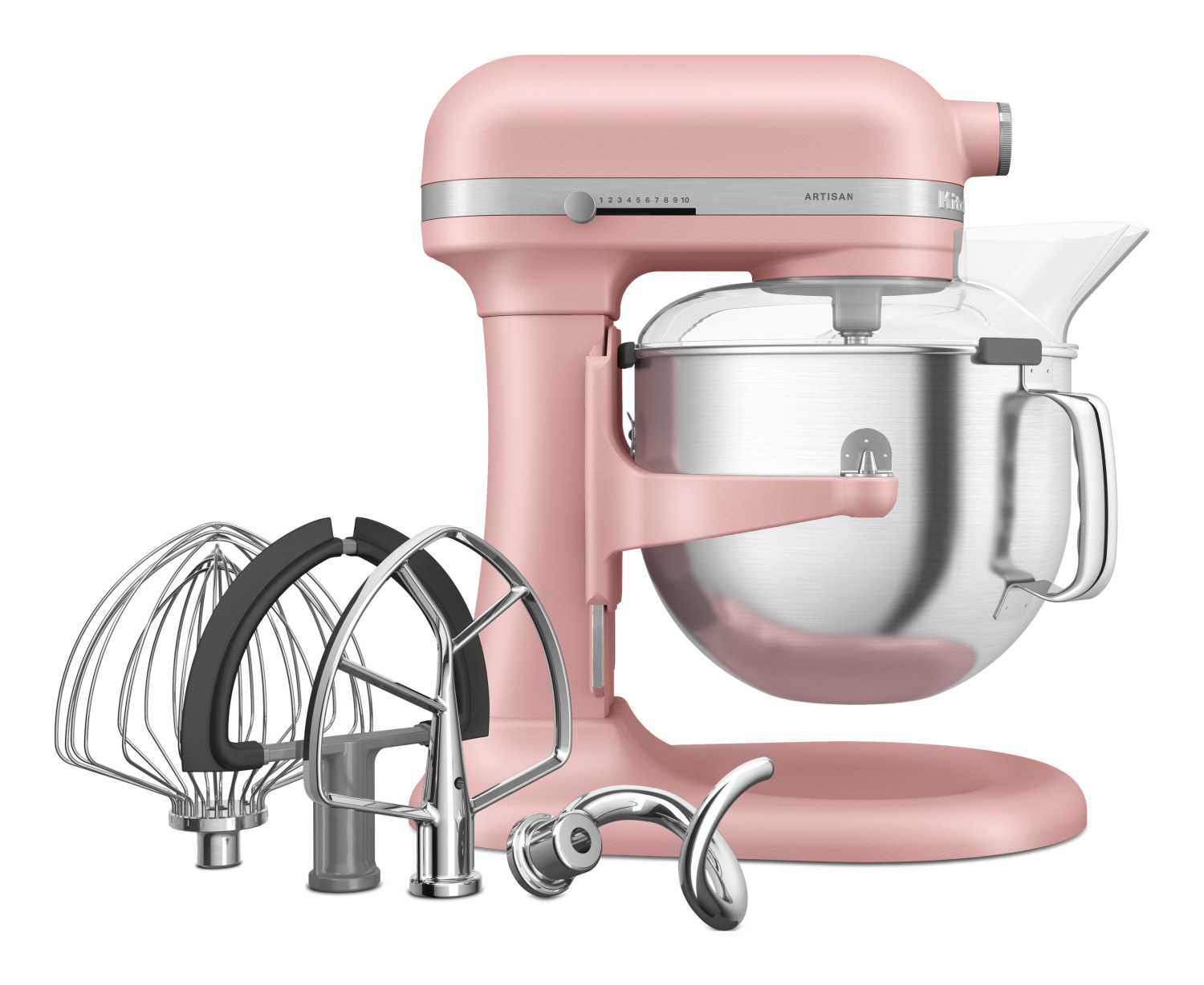 Ein rosa Küchenmaschinen-Set mit Rührschüssel und Zubehör.