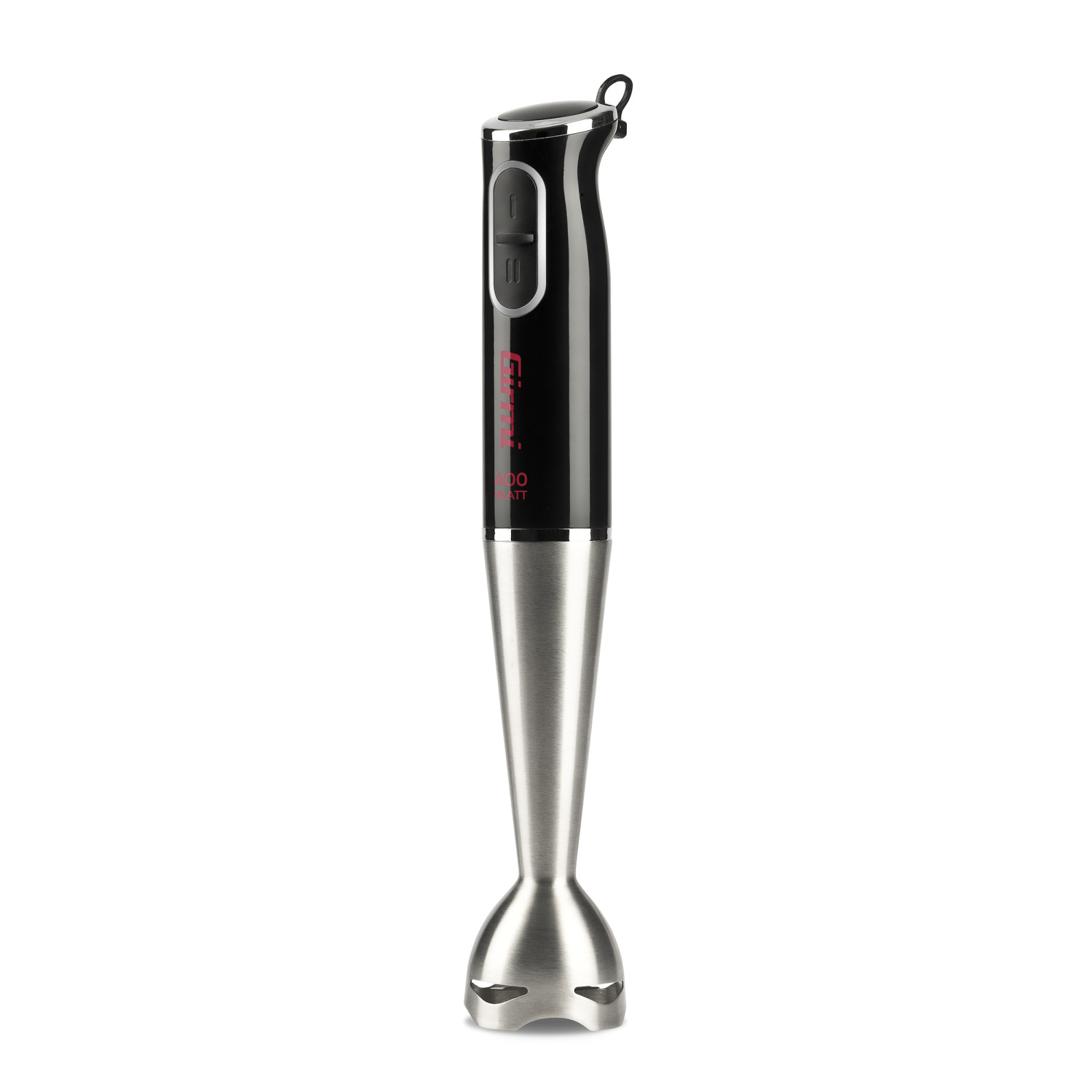 A black immersion blender with a silver metal foot and two buttons.