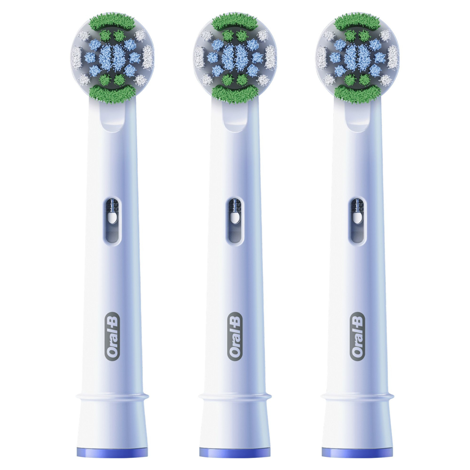 Drei weiße Oral-B Aufsteckbürsten mit blauen, weißen und grünen Borsten.