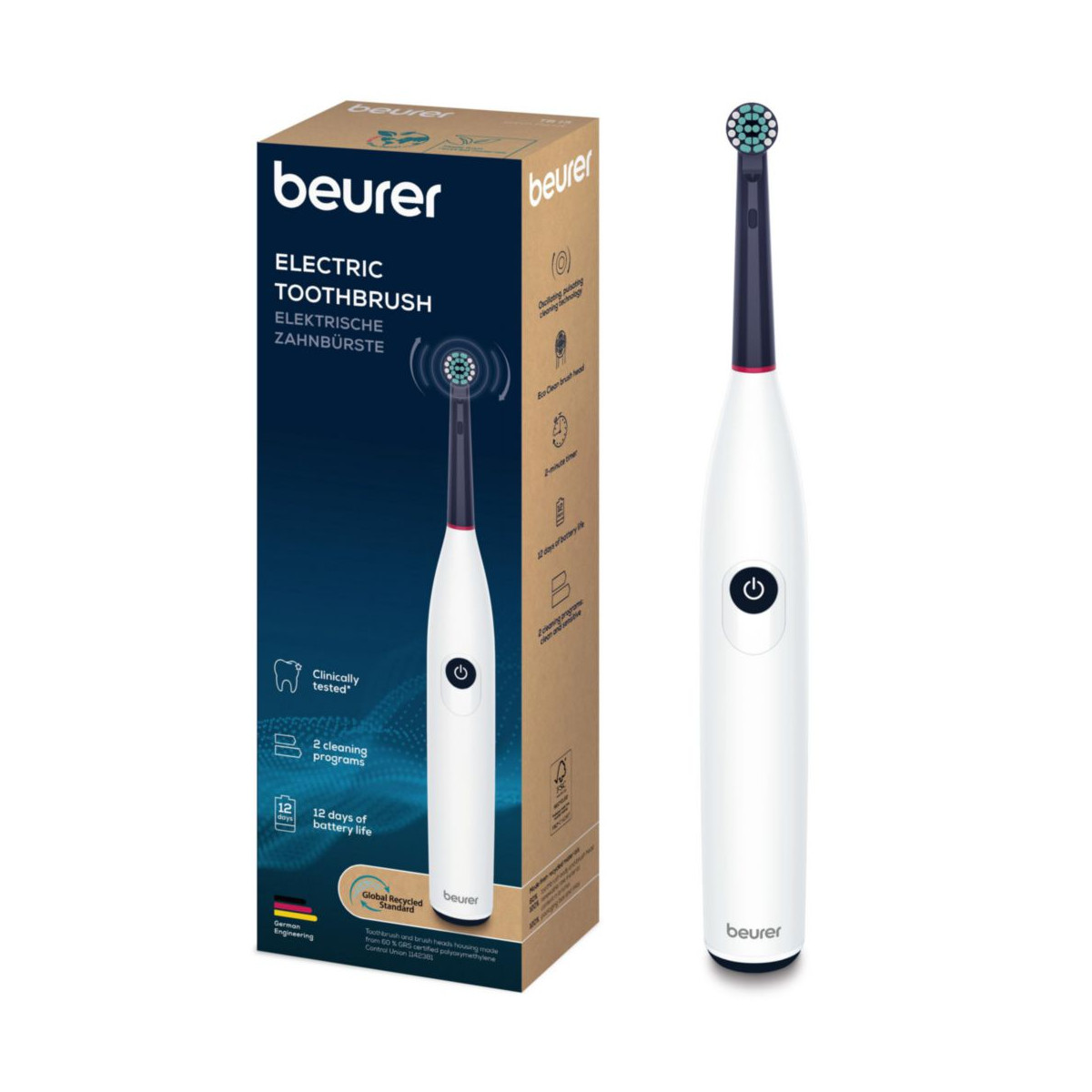 Weiße elektrische Zahnbürste von Beurer mit blauer Borstenkopfabdeckung, neben der Verpackung.