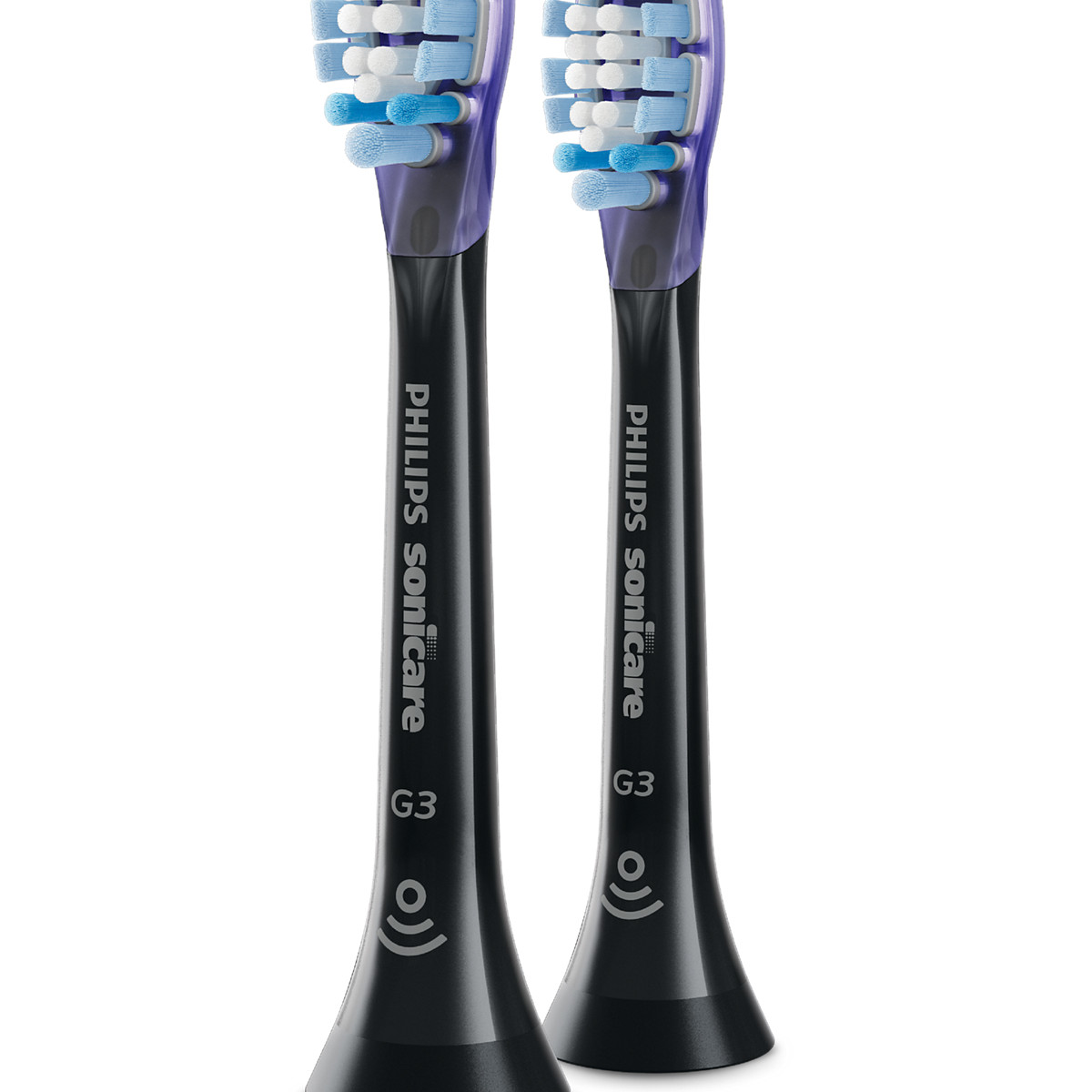 Two black Philips Sonicare toothbrush heads with blue and white bristles.