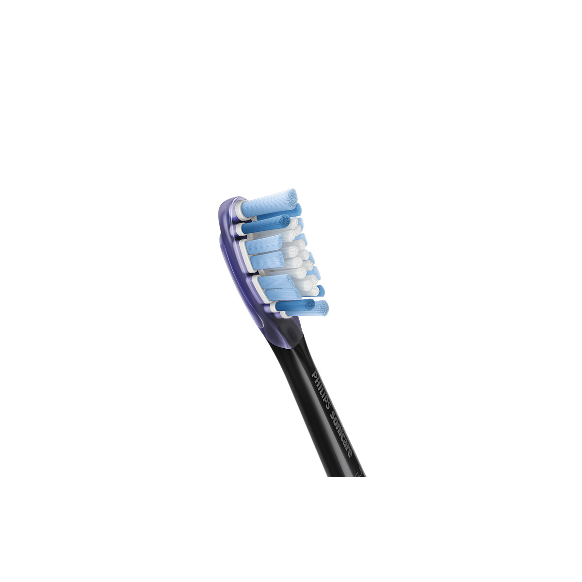 Electric toothbrush head with blue and white bristles.