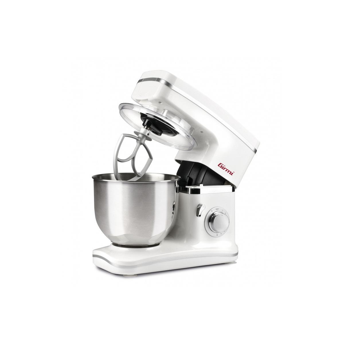 Un robot da cucina bianco con ciotola in acciaio e frusta.