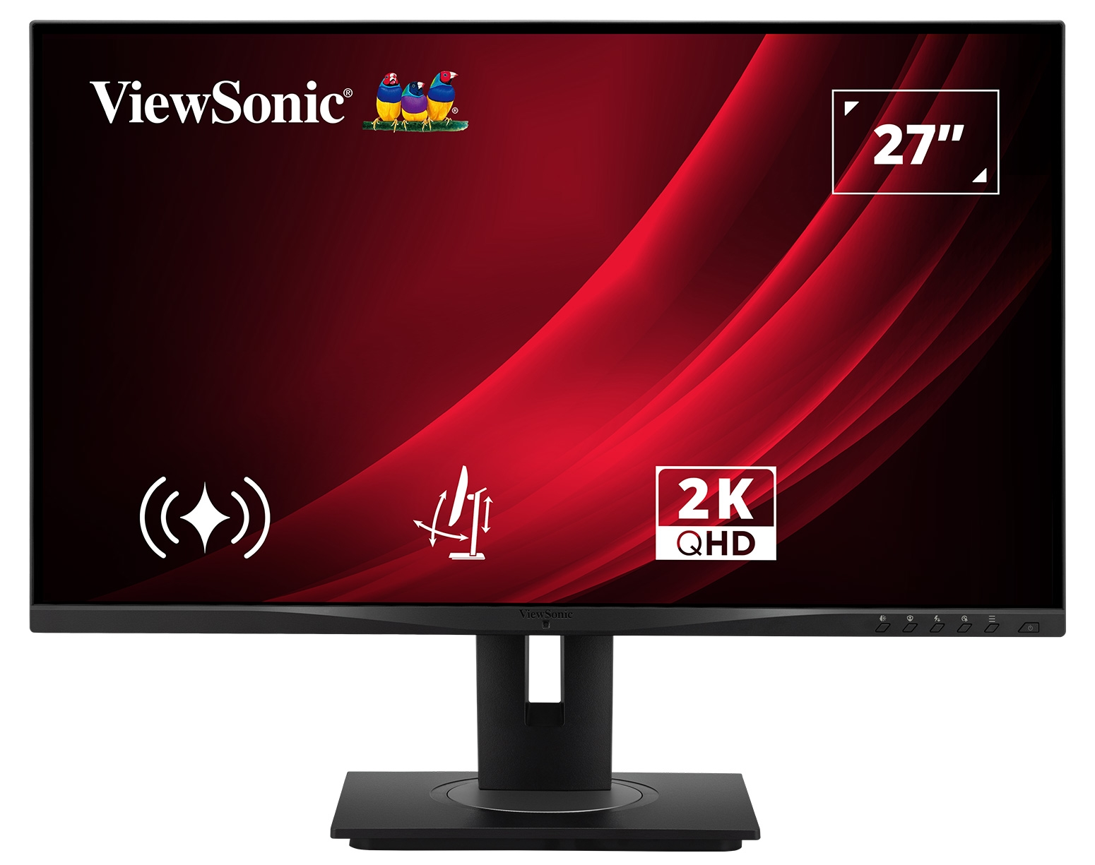 Monitor ViewSonic da 27 pollici con sfondo rosso e risoluzione 2K.