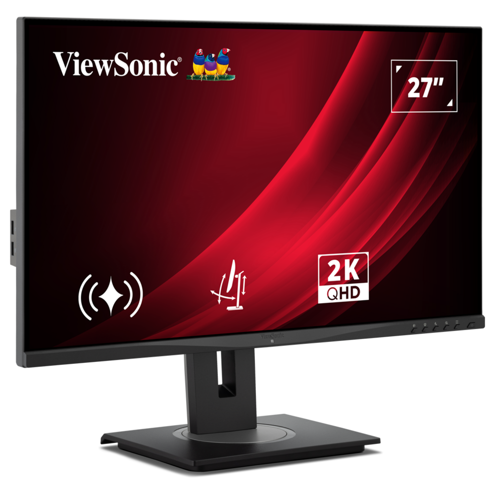 Un monitor nero da 27 pollici con motivo ondulato rosso e logo ViewSonic.