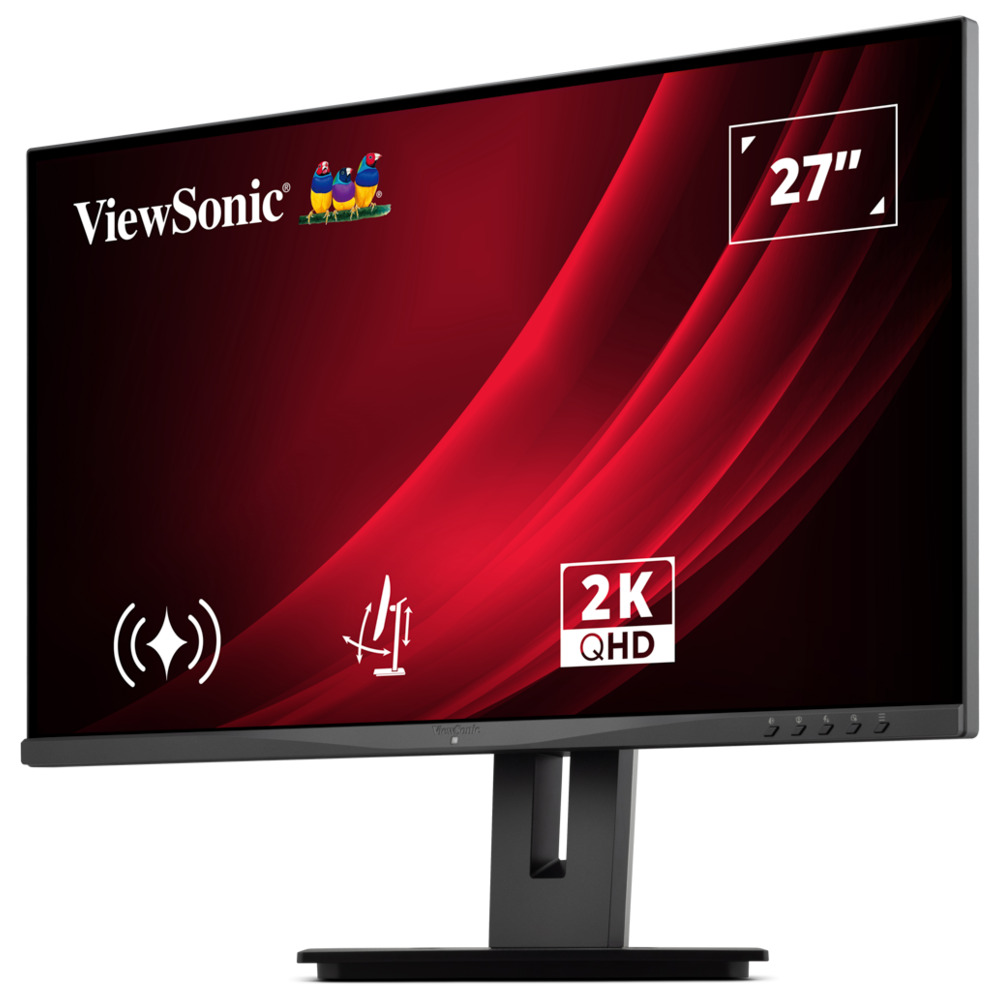 Monitor ViewSonic da 27 pollici con sfondo rosso ondulato e risoluzione 2K QHD.