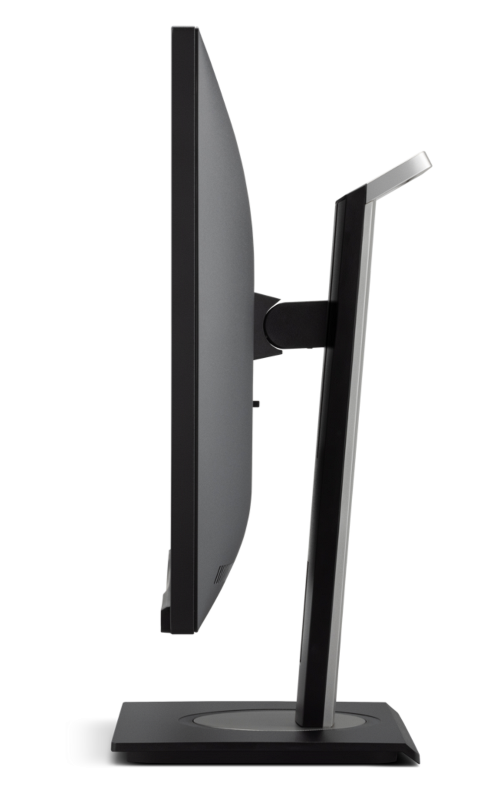 Vista laterale di un monitor di computer nero con supporto grigio su sfondo nero.