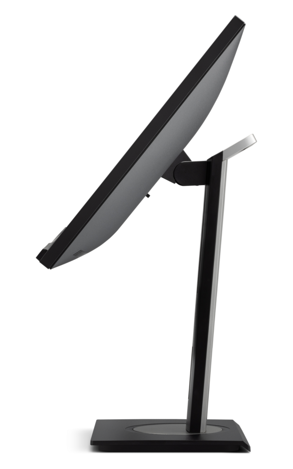 Un monitor di computer grigio con cornice nera su un supporto.