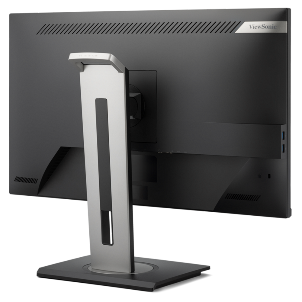 Vista posteriore di un monitor nero con supporto argento e logo ViewSonic.