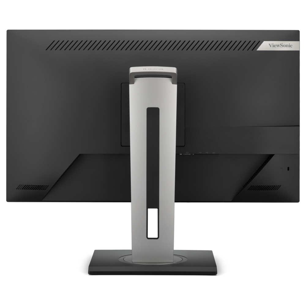 Retro di un monitor nero con supporto argentato e porte.
