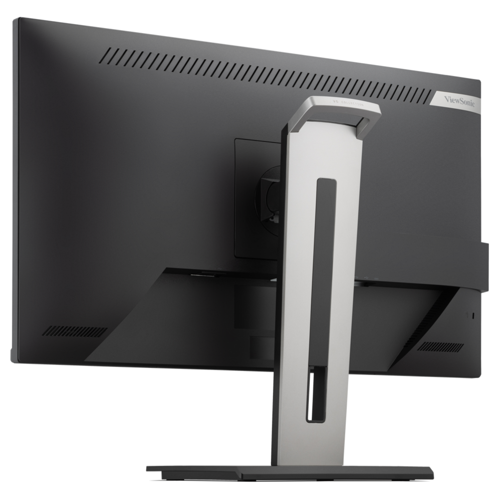 Vista posteriore di un monitor nero con supporto argentato, su sfondo nero.