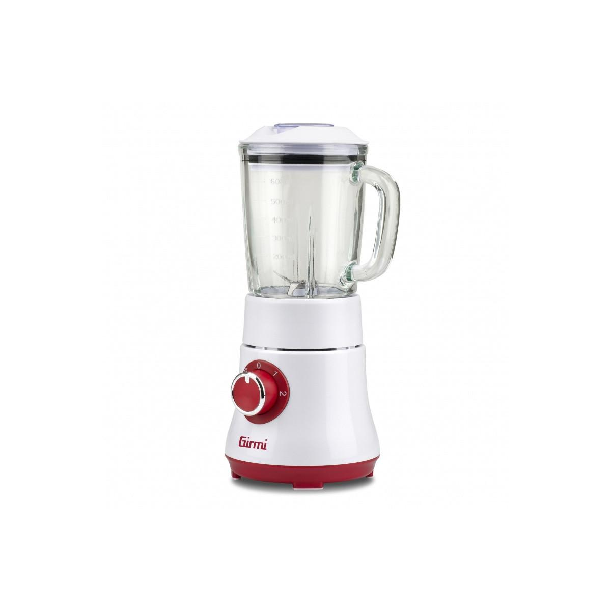 Een witte en rode blender met glazen kan en snelheidsregelaar.