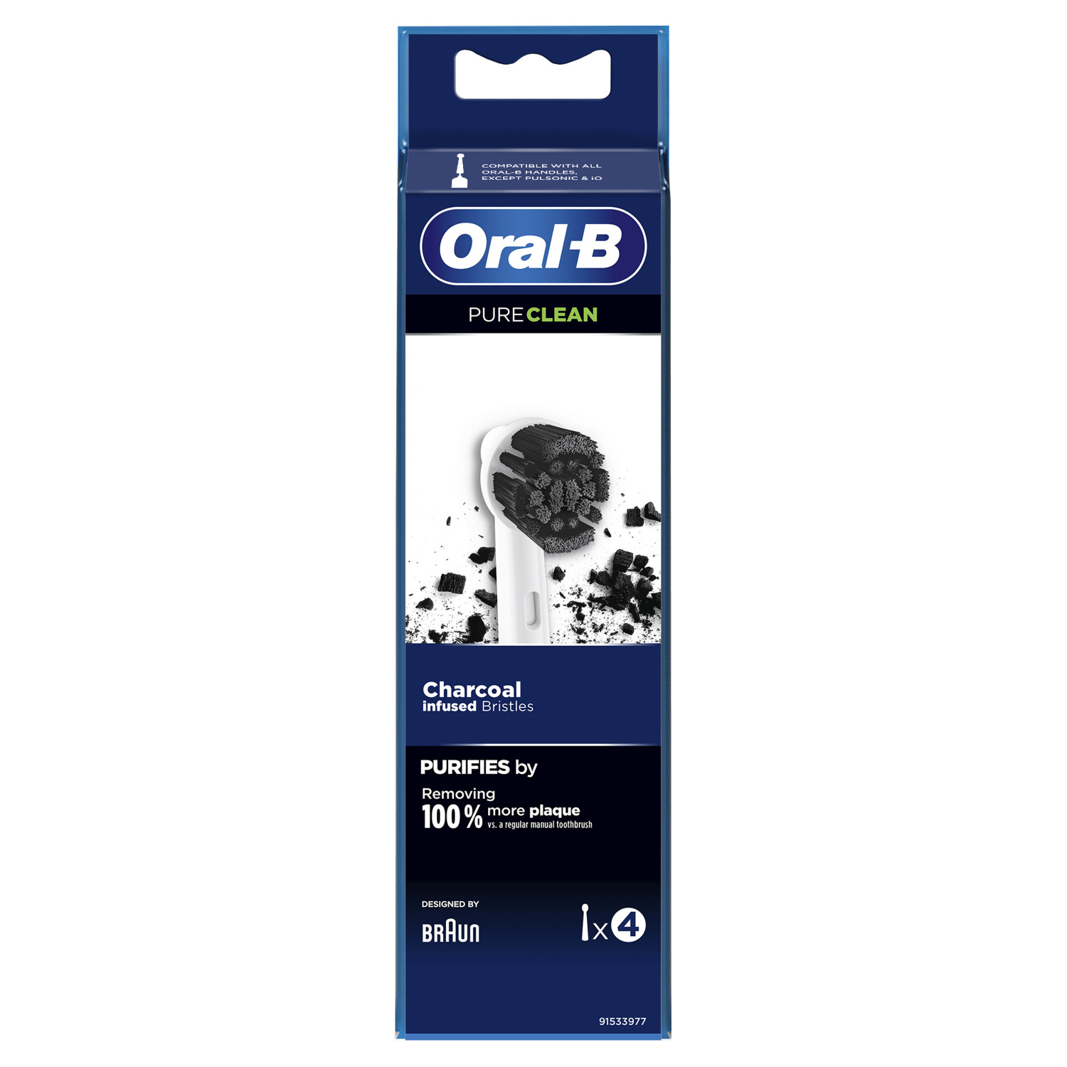 Oral-B Pure Clean Zahnbürstenkopfverpackung mit Charcoal-Borsten.