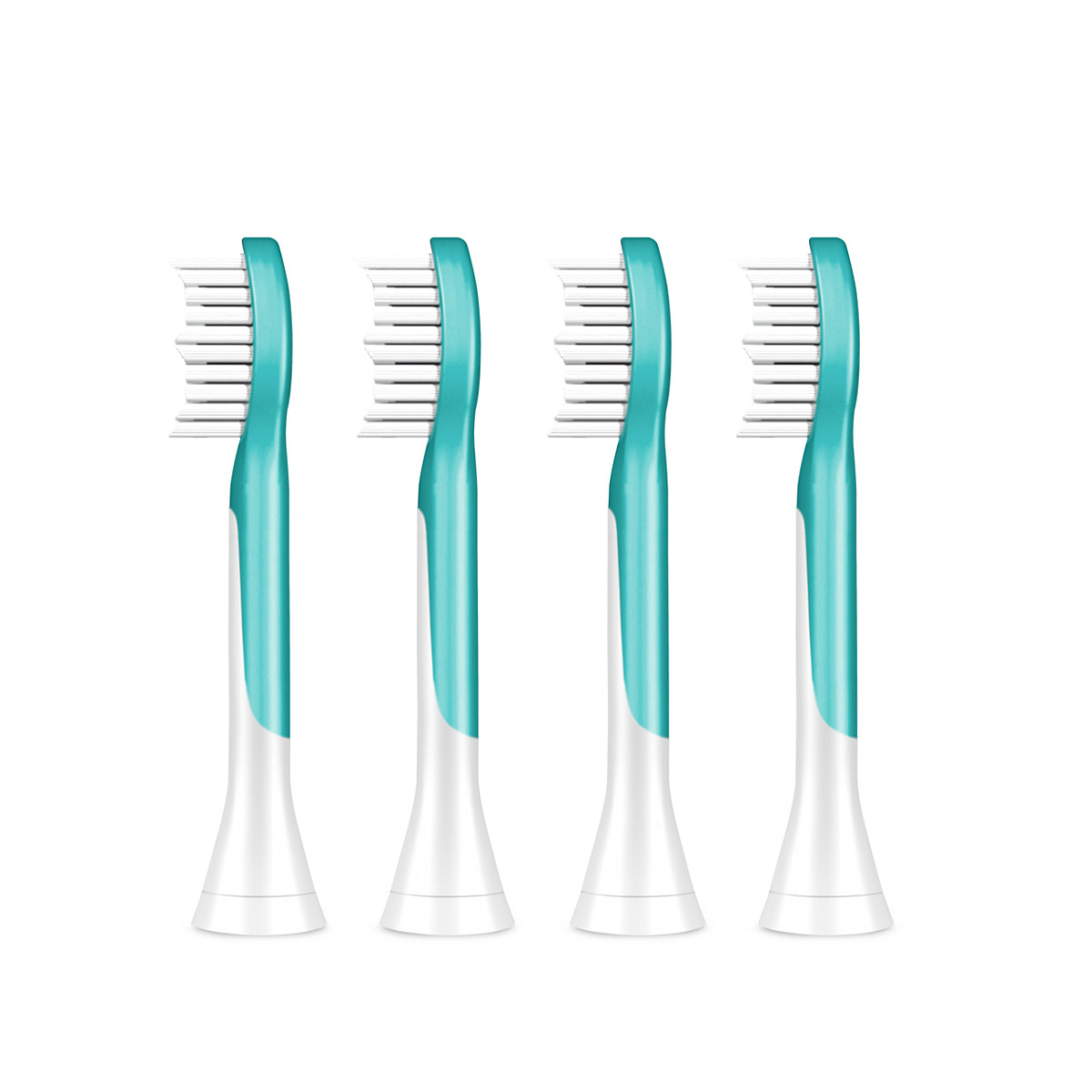 Quatre têtes de brosse à dents turquoise et blanches alignées côte à côte.