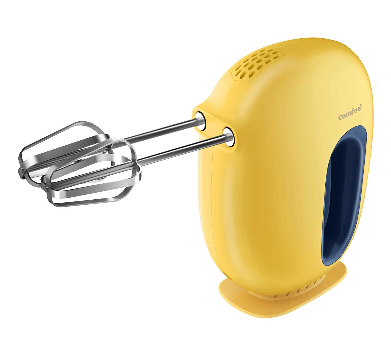 Un frullatore a mano giallo con due fruste metalliche e impugnatura blu.