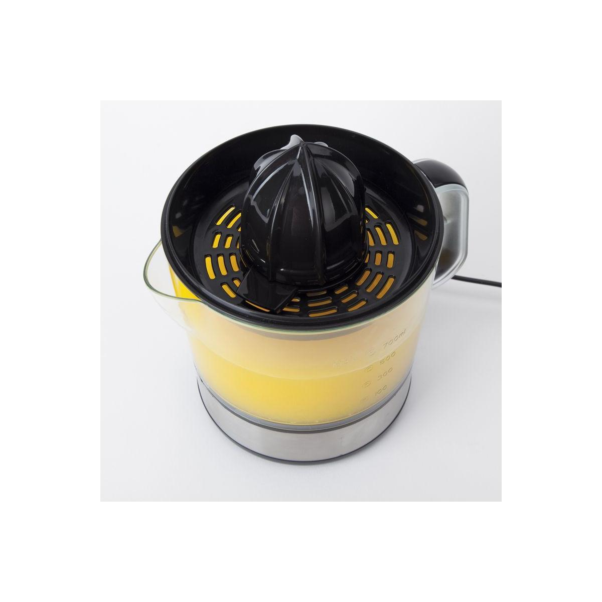 Un exprimidor eléctrico de cítricos con cono de prensado negro y recipiente amarillo.