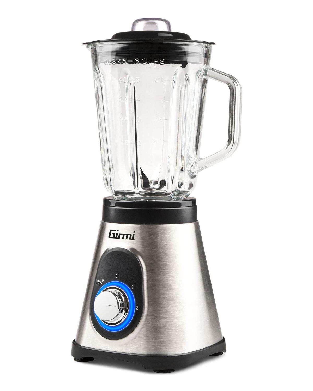 Un frullatore Girmi argento con caraffa in vetro, coperchio nero e quadrante blu.