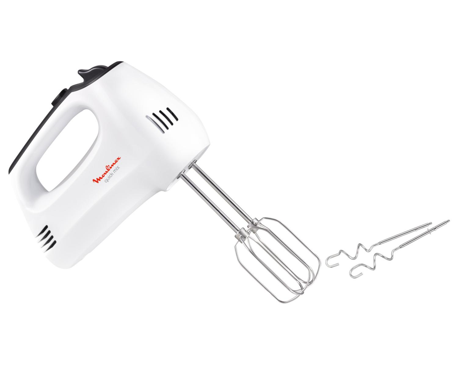 Ein weißer Handmixer mit schwarzen Akzenten und zwei Paar Rührbesen.