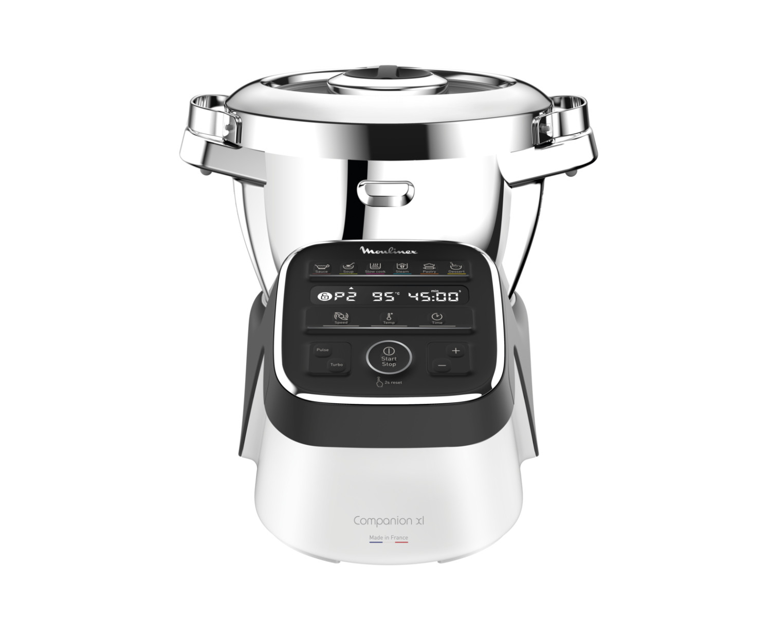 Un robot da cucina argentato con pannello di controllo nero e display digitale.
