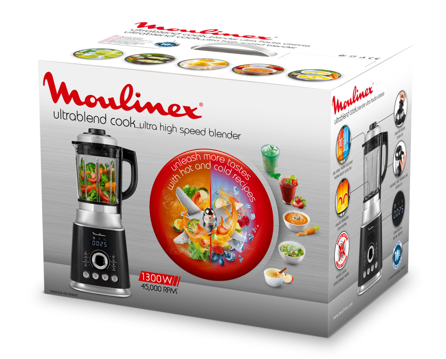 Confezione di un frullatore Moulinex Ultrablend Cook con ingredienti e ricette finite.