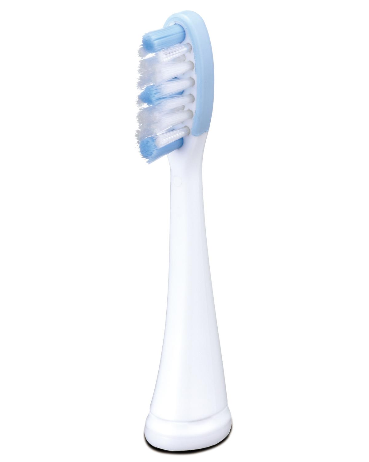 Une tête de brosse à dents blanche avec des poils bleu clair et un collier bleu clair.