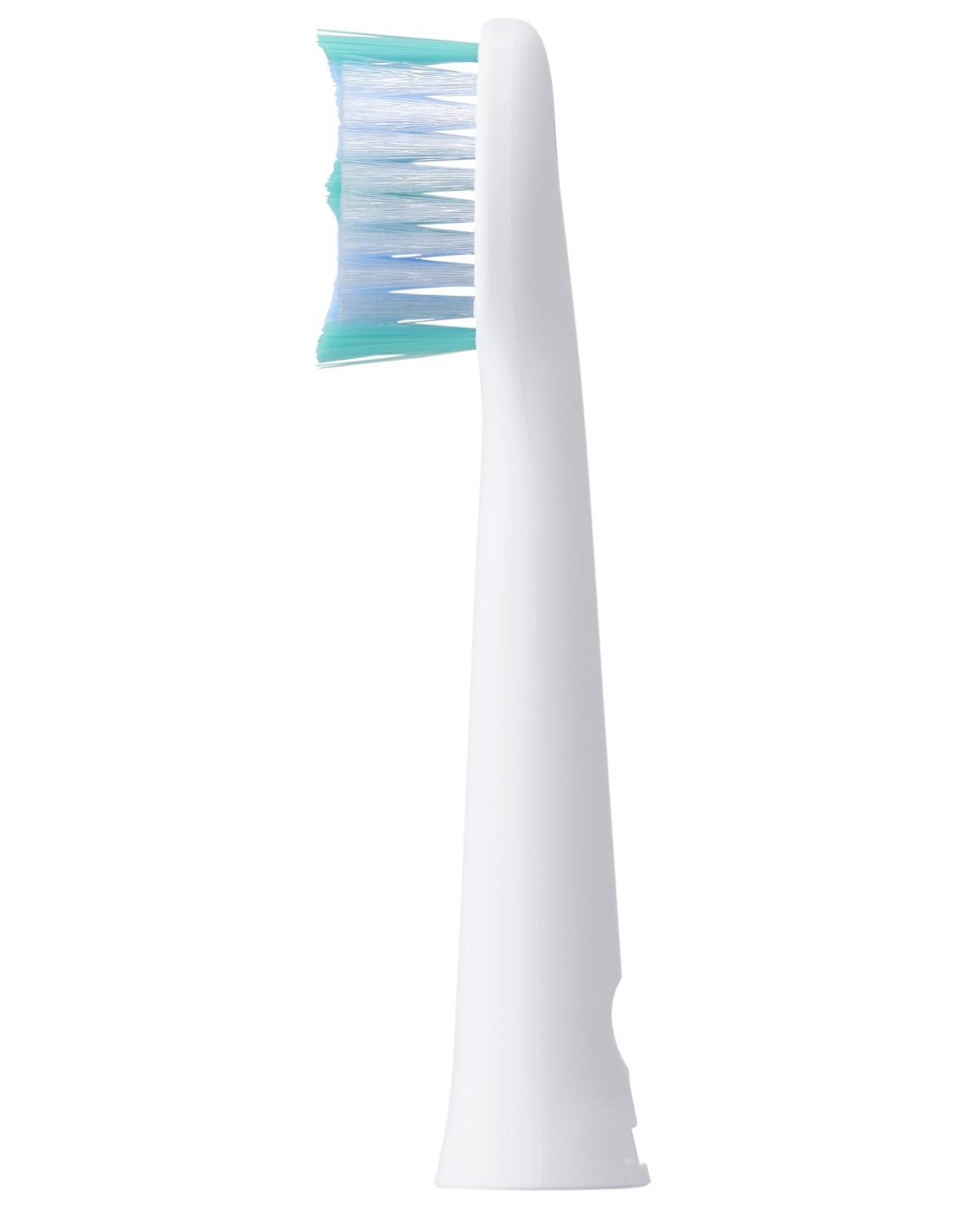 Une tête de brosse à dents électrique blanche avec des poils turquoise et bleus.