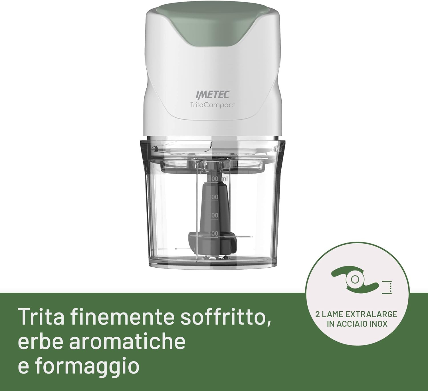 Un picador eléctrico blanco y verde con vaso medidor y cuchillas de acero inoxidable.