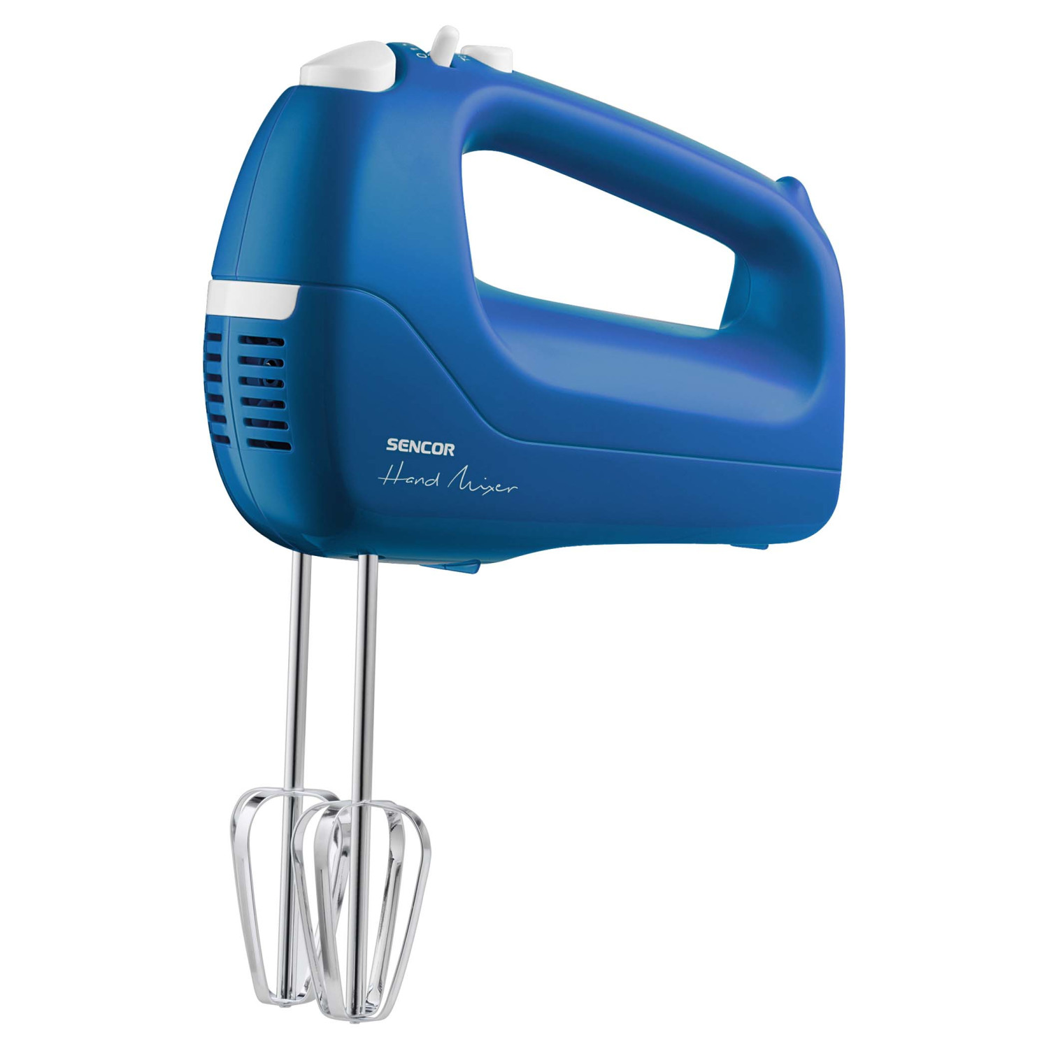 Sbattitore elettrico blu con fruste argentate su sfondo bianco.