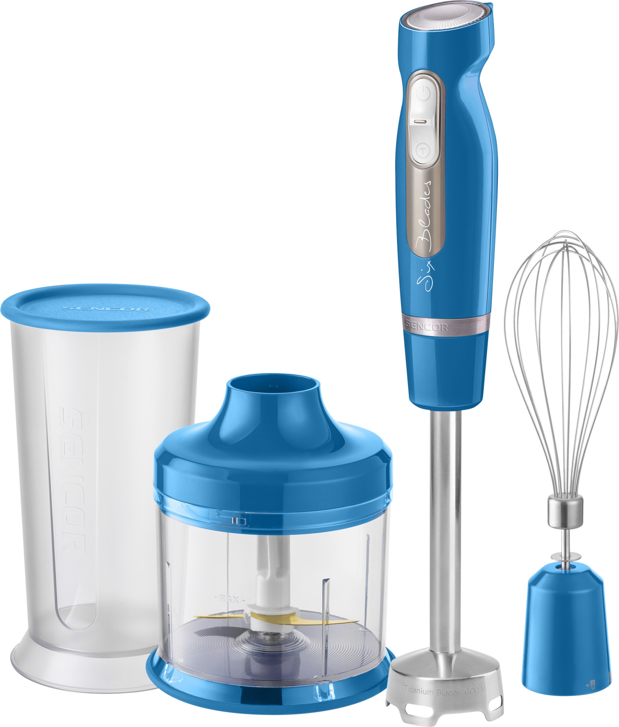Ein blauer Stabmixer mit Zubehör: Messbecher, Zerkleinerer und Schneebesen.