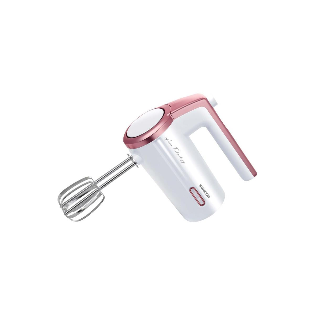Un frullatore a mano bianco con accenti oro rosa e fruste argentate.