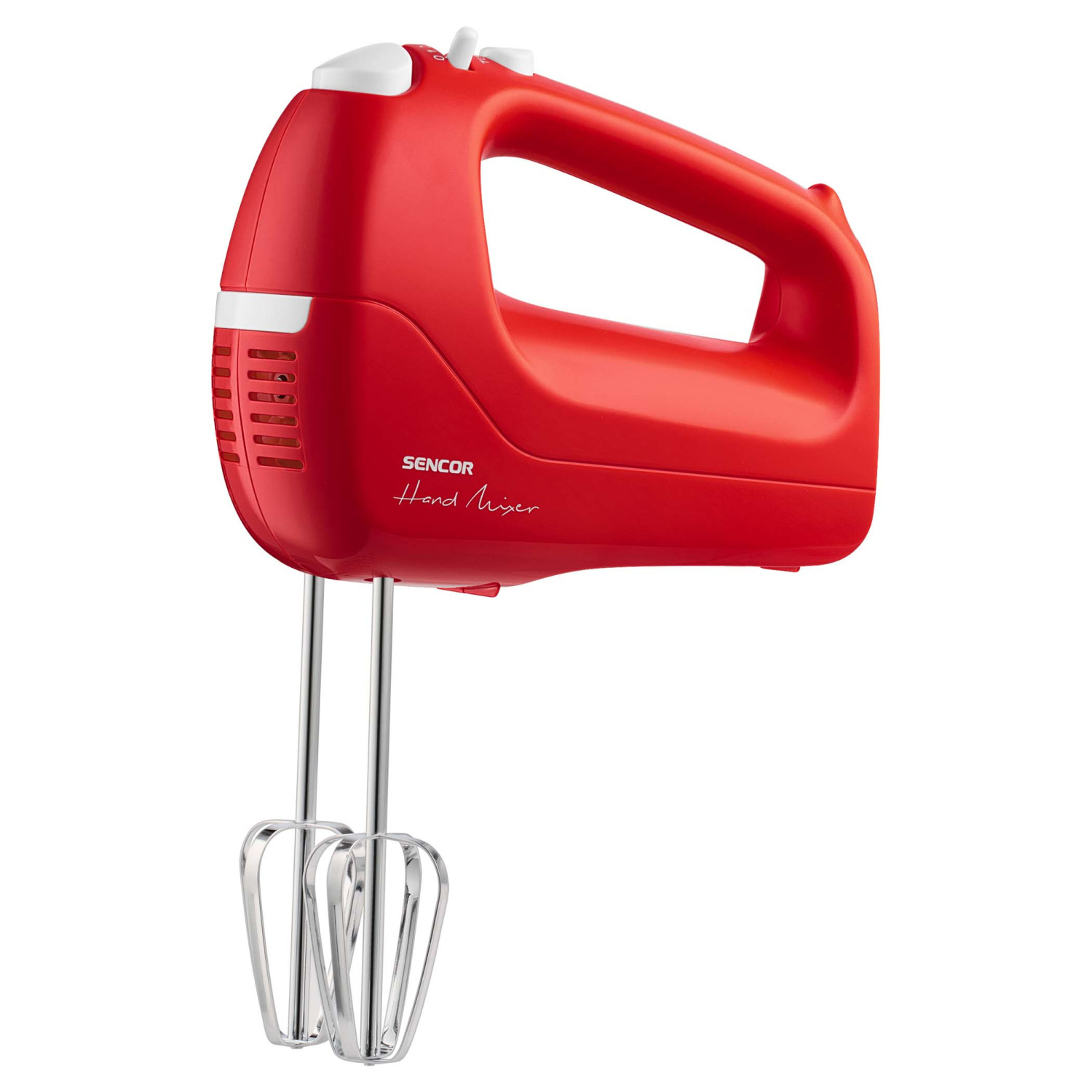 Ein roter Handmixer mit SENCOR-Logo und Metallrührbesen.