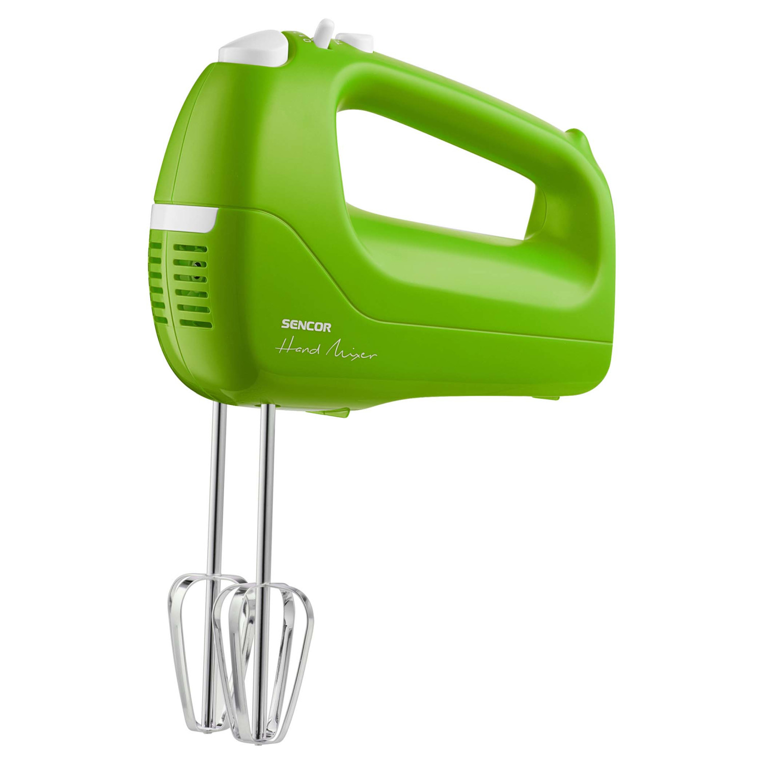 Sbattitore elettrico verde con due fruste cromate su sfondo bianco.