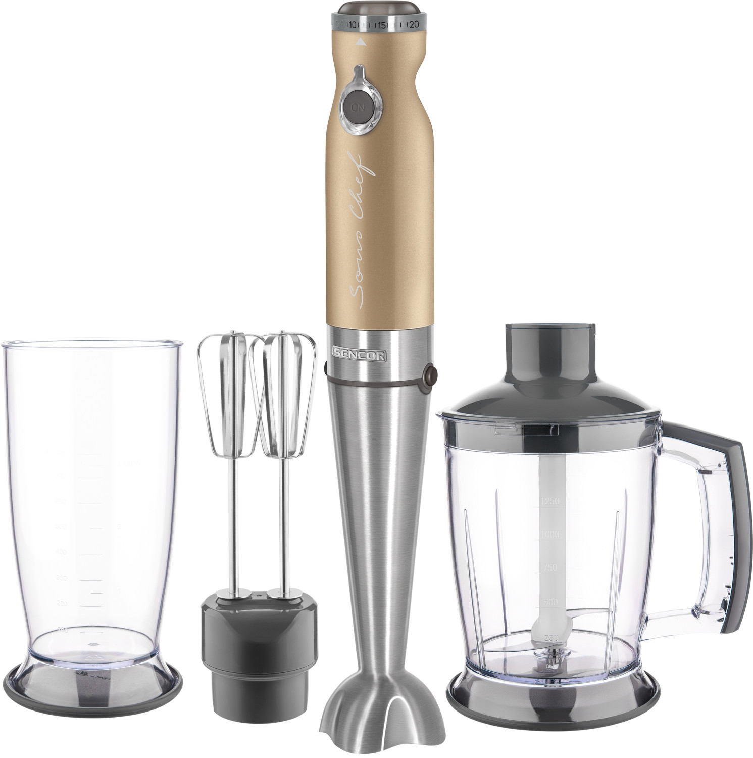 Frullatore a immersione dorato con accessori: bicchiere, frusta e tritacarne.