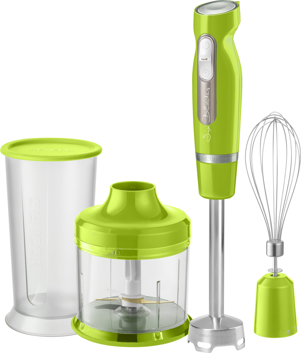 Batteur plongeant vert avec accessoires : gobelet, hachoir et fouet.