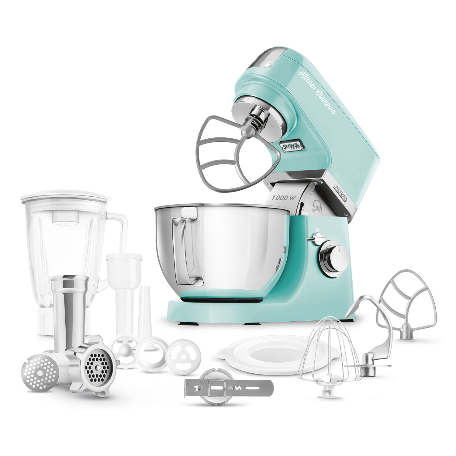 Un robot da cucina turchese con frullatore, tritacarne, ciotola e vari accessori.