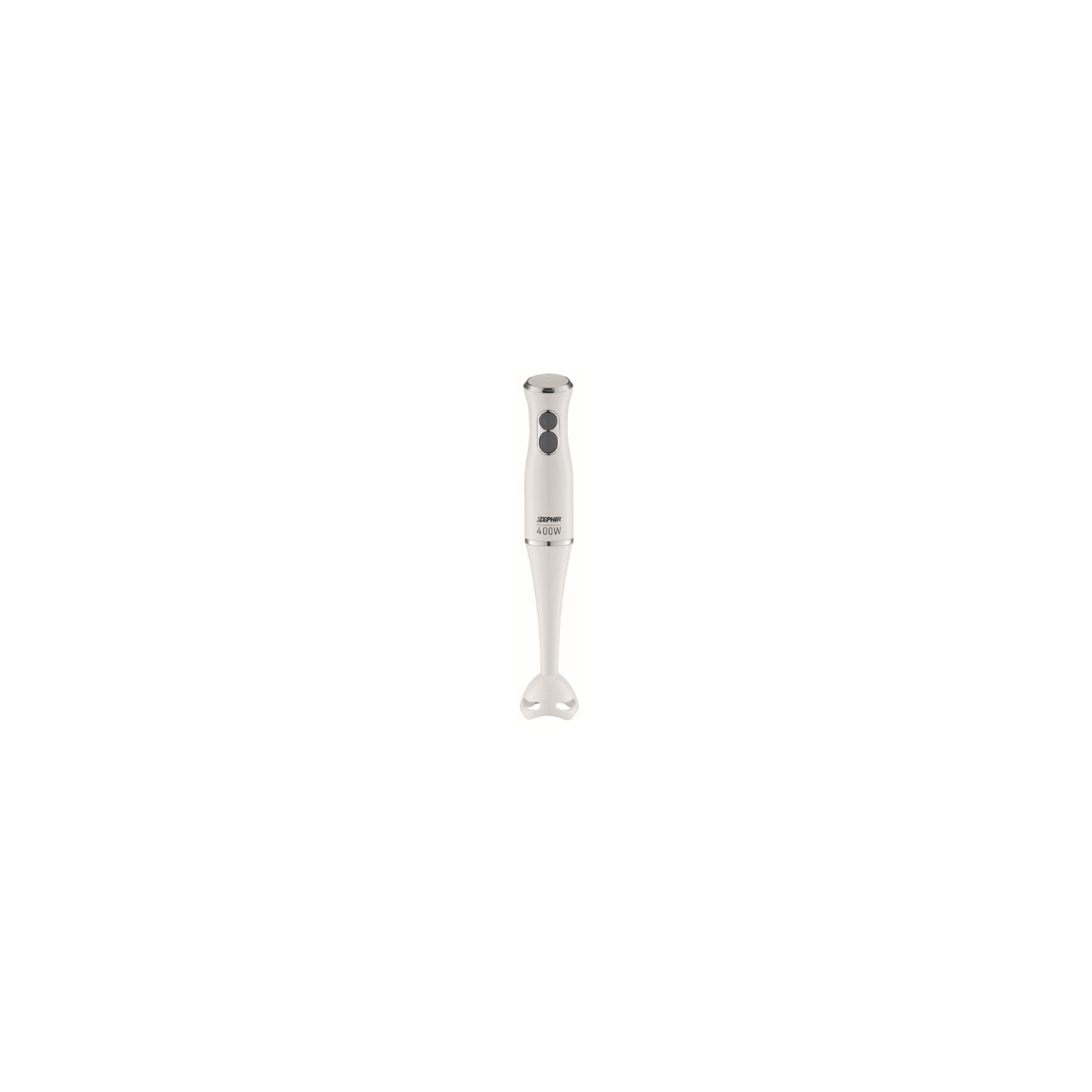 Een witte staafmixer met twee knoppen en 400W-aanduiding.