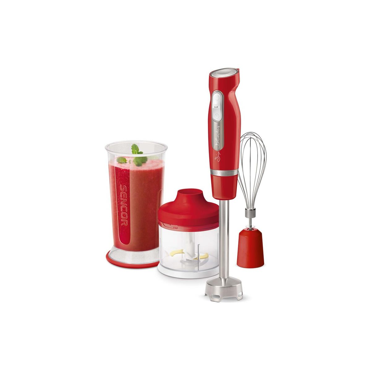 Mixeur plongeant rouge avec gobelet, hachoir et fouet sur fond blanc.