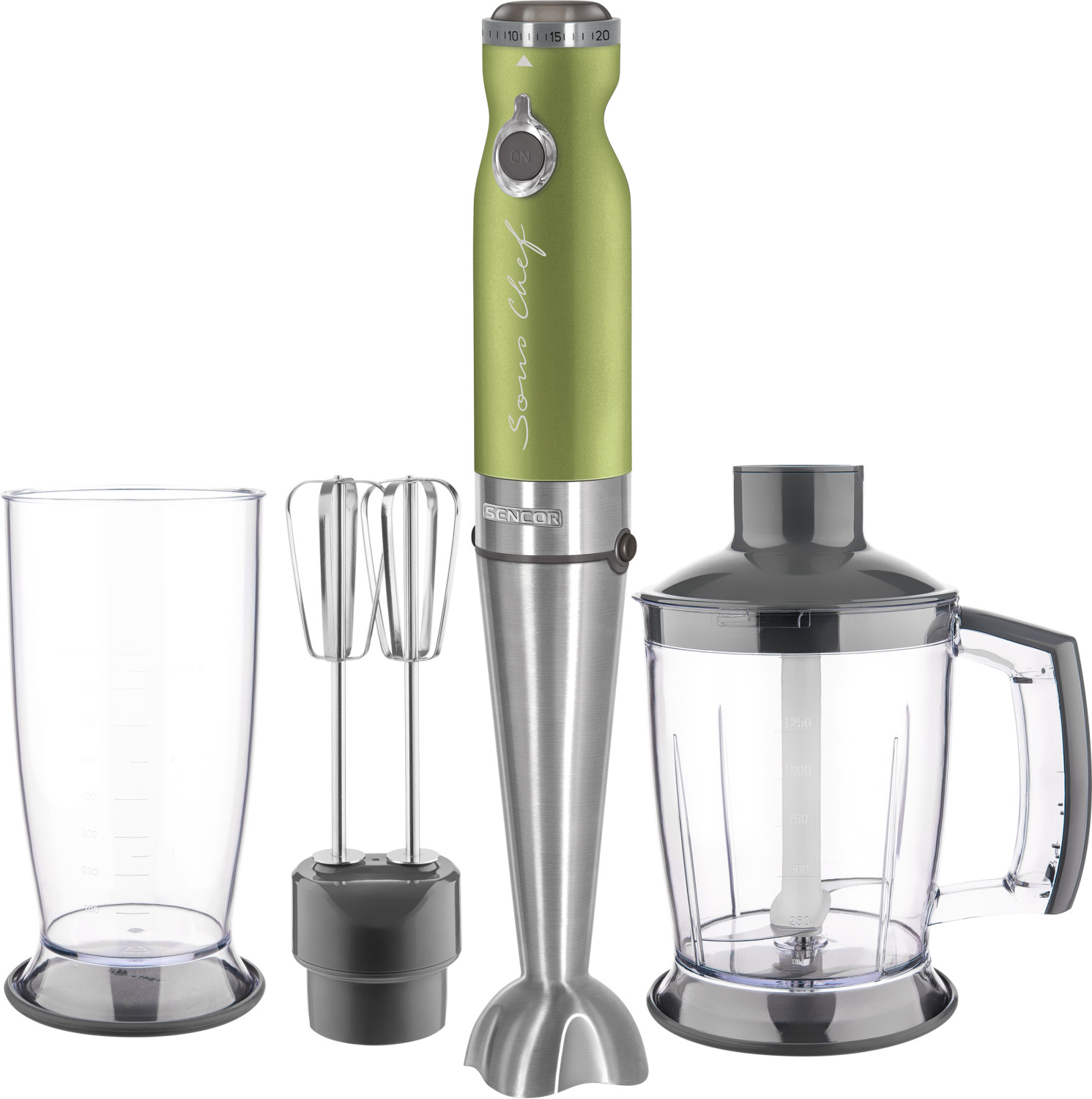 Ein grüner Stabmixer mit Zubehör: Messbecher, Schneebesen und Zerkleinerer.