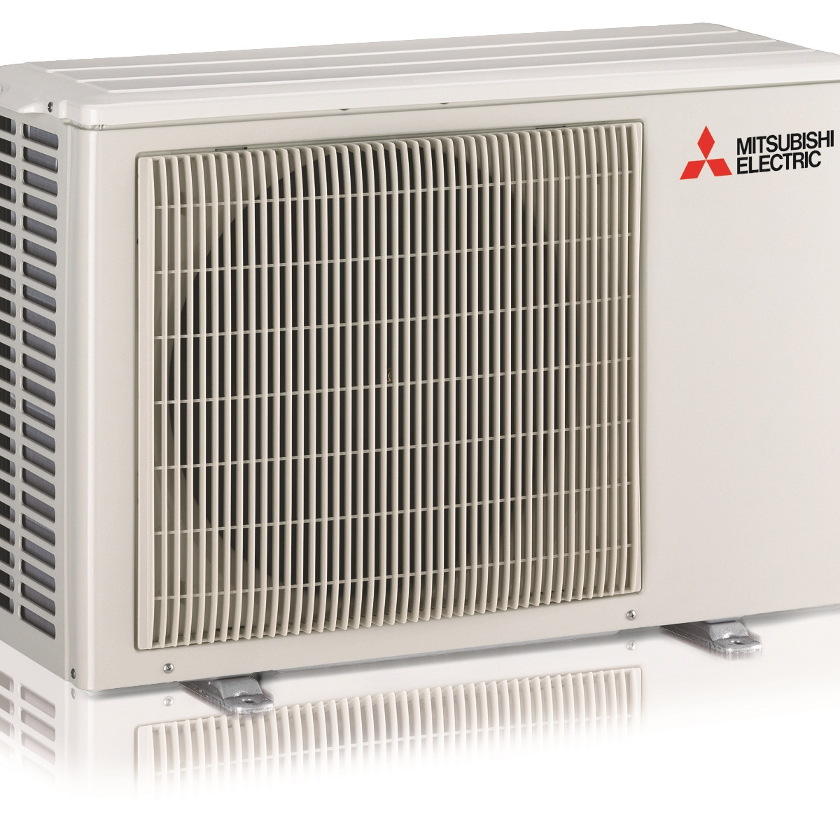 Unità esterna condizionatore beige con griglia e logo Mitsubishi Electric.