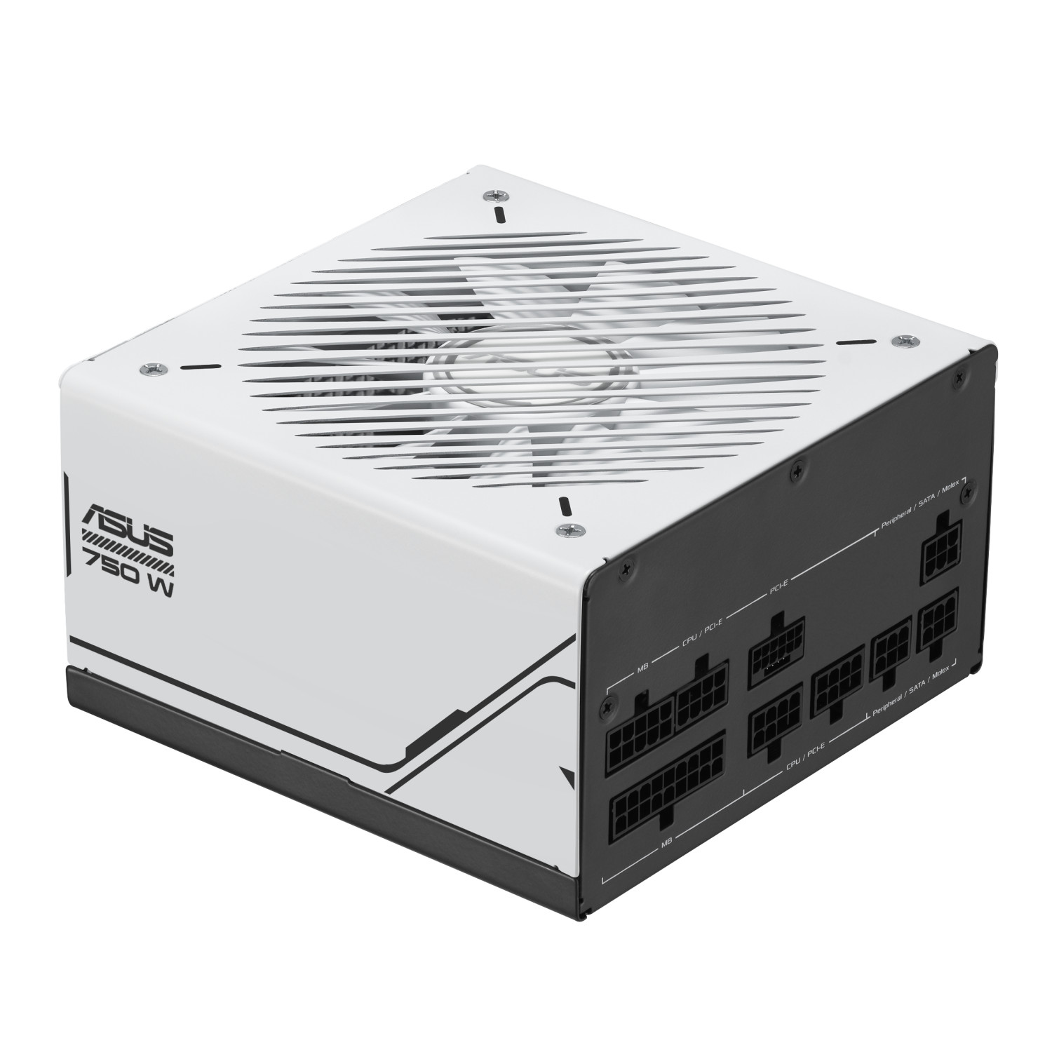 Witte ASUS 750W voeding met zwarte rand en meerdere aansluitingen.