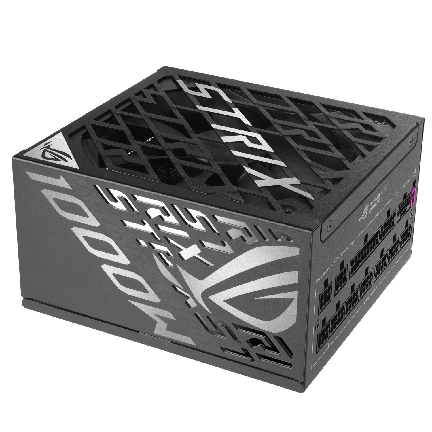 Zwarte voeding met zilveren "STRIX 1000W" logo en ventilatorrooster.
