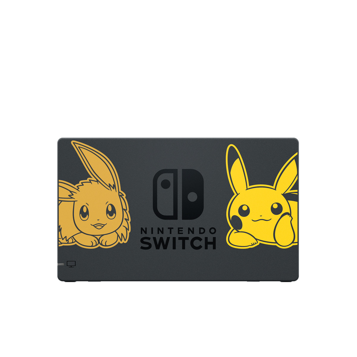 Eine schwarze Nintendo Switch Dock mit gelben Eevee und Pikachu Grafiken.
