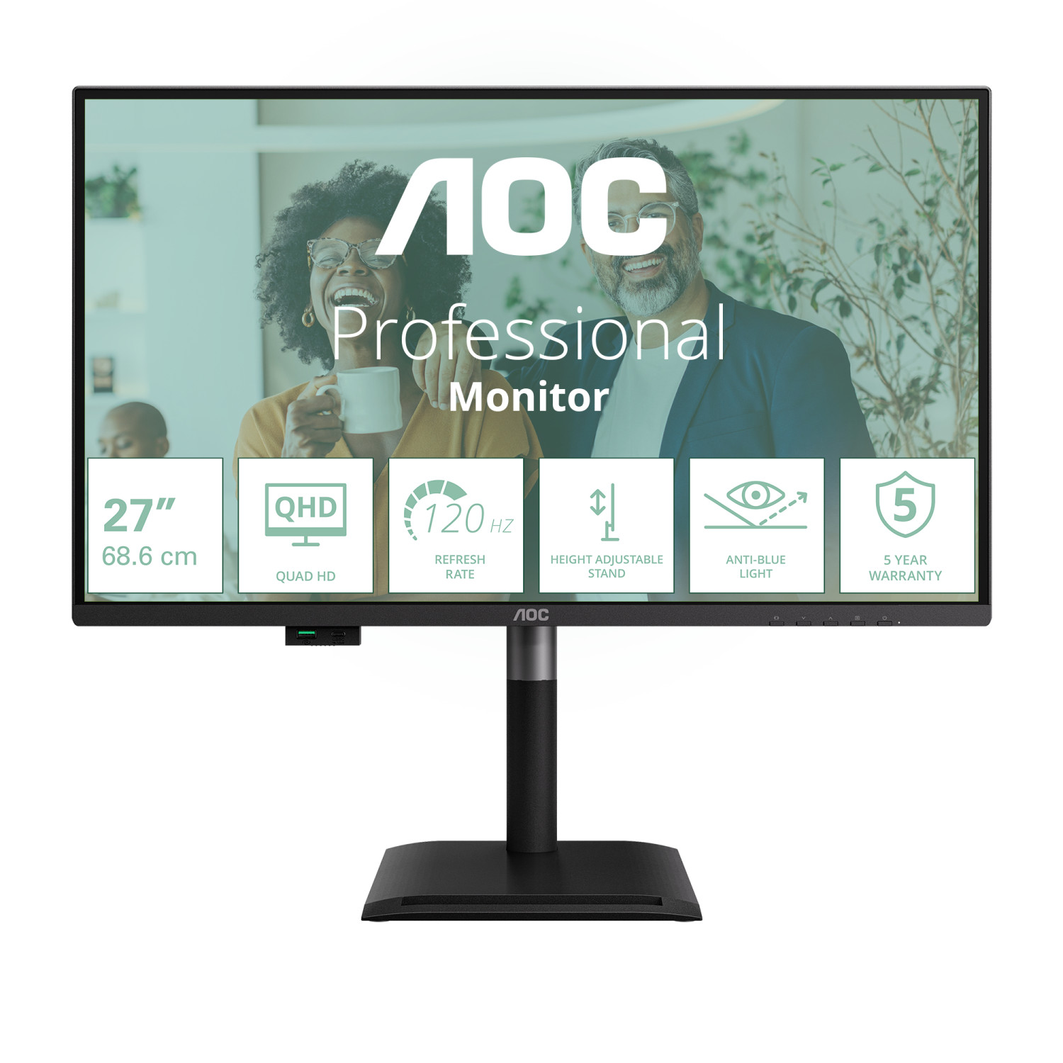 Monitor professionale AOC 27" QHD 120Hz con supporto, luce anti-blu, 5 anni garanzia.